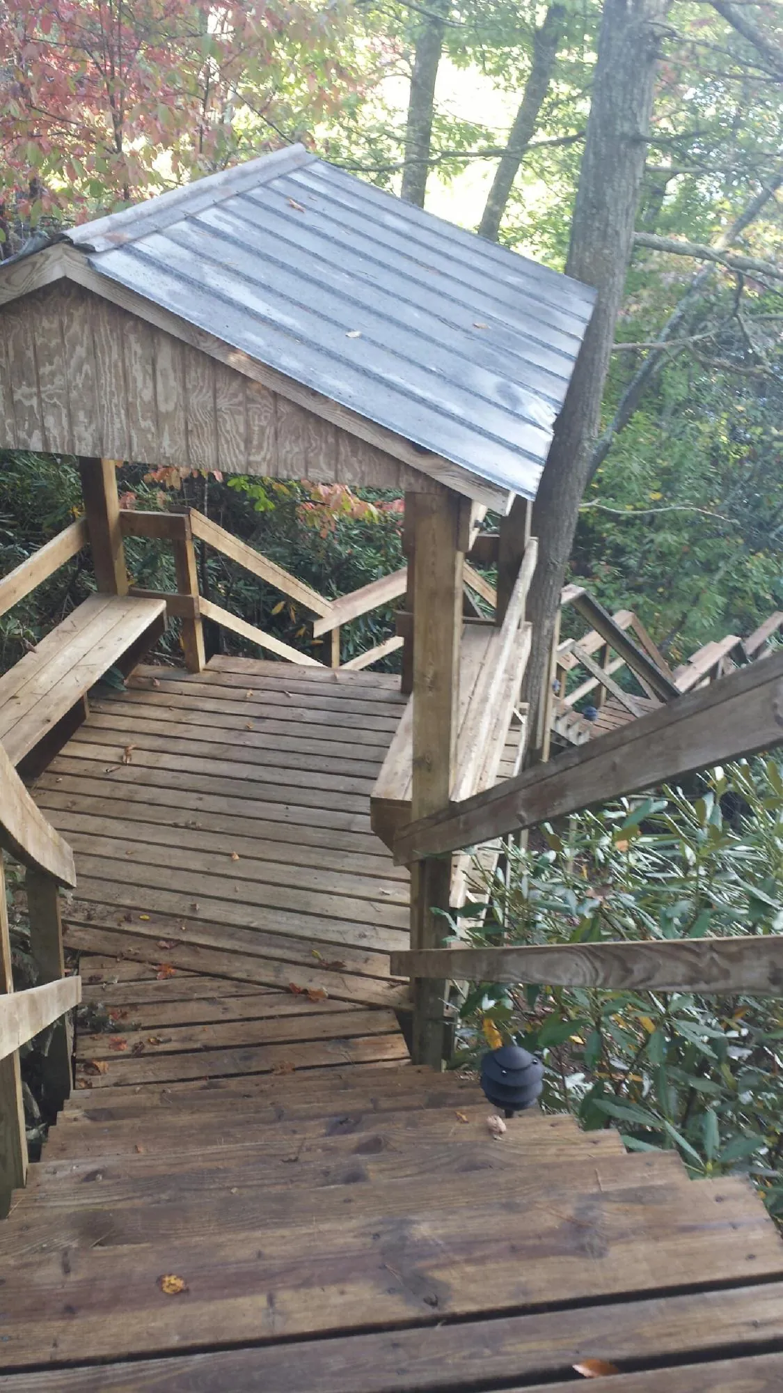 Metal roofed shelter over wooden steps on a wooded walkway — Skylight Repair & Installation work by our crew in Mount Laguna